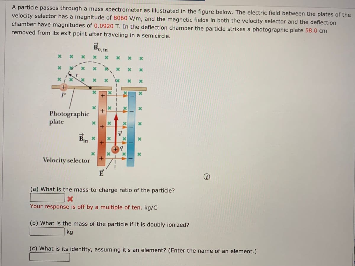 A particle passes through a mass spectrometer as illustrated in the figure below. The electric field between the plates of the
velocity selector has a magnitude of 8060 V/m, and the magnetic fields in both the velocity selector and the deflection
chamber have magnitudes of 0.0920 T. In the deflection chamber the particle strikes a photographic plate 58.0 cm
removed from its exit point after traveling in a semicircle.
Bo.in
x x x
P
Photographic
plate
Bin
+9
Velocity selector
E
(a) What is the mass-to-charge ratio of the particle?
Your response is off by a multiple of ten. kg/C
(b) What is the mass of the particle if it is doubly ionized?
kg
(c) What is its identity, assuming it's an element? (Enter the name of an element.)
