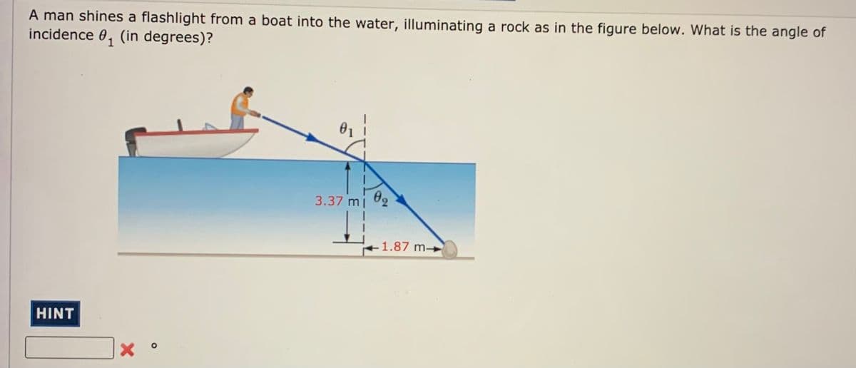 A man shines a flashlight from a boat into the water, illuminating a rock as in the figure below. What is the angle of
incidence 0, (in degrees)?
1
3.37 m|
1.87 m
HINT
