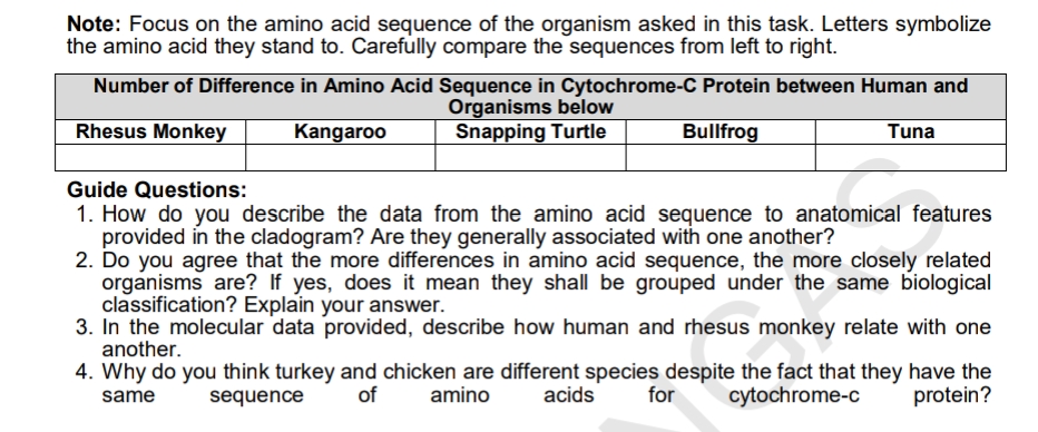 Note: Focus on the amino acid sequence of the organism asked in this task. Letters symbolize
the amino acid they stand to. Carefully compare the sequences from left to right.
Number of Difference in Amino Acid Sequence in Cytochrome-C Protein between Human and
Organisms below
Snapping Turtle
Rhesus Monkey
Kangaroo
Bullfrog
Tuna
Guide Questions:
1. How do you describe the data from the amino acid sequence to anatomical features
provided in the cladogram? Are they generally associated with one another?
2. Do you agree that the more differences in amino acid sequence, the more closely related
organisms are? If yes, does it mean they shall be grouped under the same biological
classification? Explain your answer.
3. In the molecular data provided, describe how human and rhesus monkey relate with one
another.
4. Why do you think turkey and chicken are different species despite the fact that they have the
sequence
of
amino
acids
for
cytochrome-c
protein?
same
