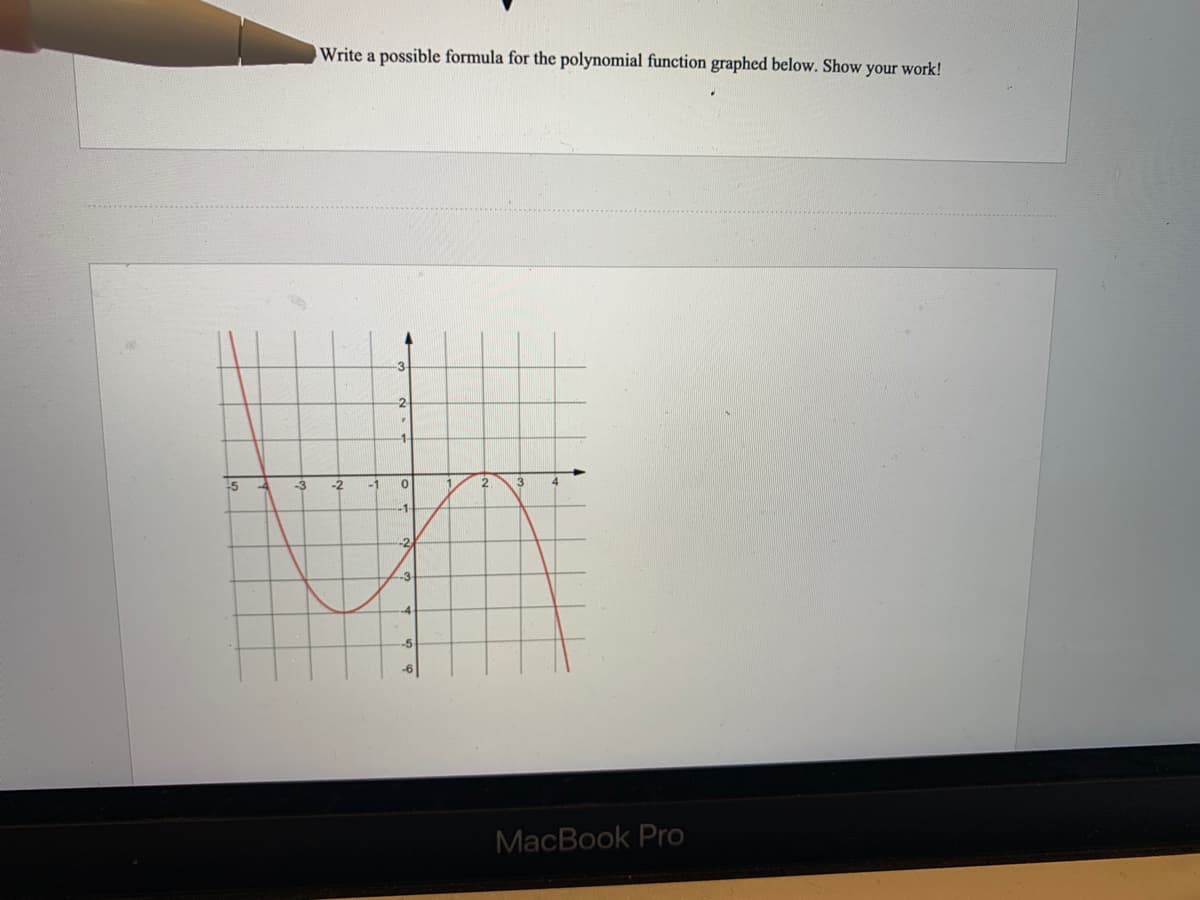Write a possible formula for the polynomial function graphed below. Show your work!
-3
-2-
-5
-3
-2
-1
1.
3
-1
-2
-3
MacBook Pro
