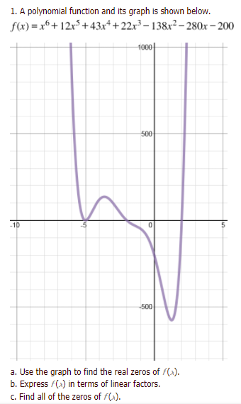 1. A polynomial function and its graph is shown below.
f(x) = x6 + 12x5 +43x* +22x³ – 138x² – 280x – 200
1000
500
-10
-500
a. Use the graph to find the real zeros of f(x).
b. Express f() in terms of linear factors.
c. Find all of the zeros of f(1).
