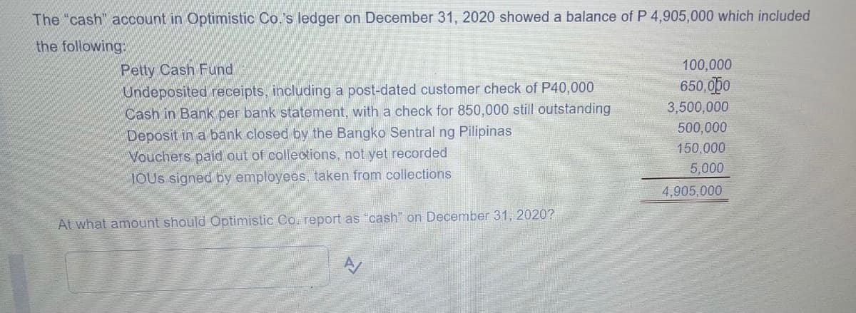 The "cash" account in Optimistic Co.'s ledger on December 31, 2020 showed a balance of P 4,905,000 which included
the following:
100,000
Petty Cash Fund
Undeposited receipts, including a post-dated customer check of P40,000
Cash in Bank per bank statement, with a check for 850,000 still outstanding
Deposit in a bank closed by the Bangko Sentral ng Pilipinas
Vouchers paid out of colleotions, not yet recorded
650,0po
3,500,000
500,000
150,000
5,000
1OUS signed by employees, taken from collections
4,905,000
At what amount should Optimistic Co. report as "cash" on December 31, 2020?
