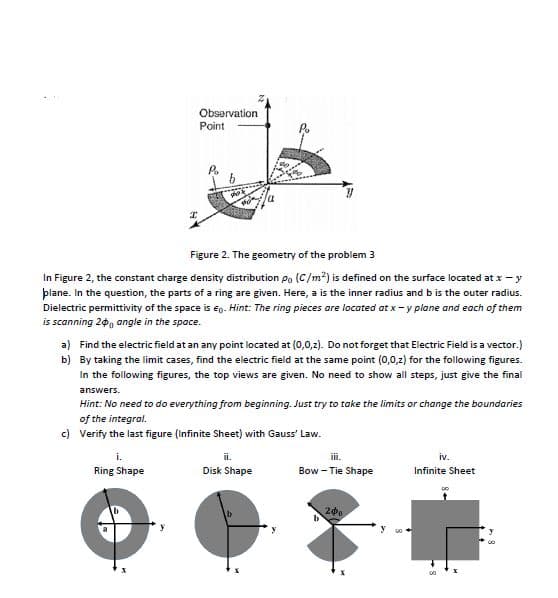 Observation
Point
Figure 2. The geometry of the problem 3
In Figure 2, the constant charge density distribution po (C/m2) is defined on the surface located at x - y
plane. In the question, the parts of a ring are given. Here, a is the inner radius and b is the outer radius.
Dielectric permittivity of the space is ep. Hint: The ring pieces are located at x- y plane and each of them
is scanning 20, angle in the space.
a) Find the electric field at an any point located at (0,0,2). Do not forget that Electric Field is a vector.)
b) By taking the limit cases, find the electric field at the same point (0,0,2) for the following figures.
In the following figures, the top views are given. No need to show all steps, just give the final
answers.
Hint: No need to do everything from beginning. Just try to take the limits or change the boundaries
of the integral.
c) Verify the last figure (infinite Sheet) with Gauss' Law.
i.
ii.
ii.
iv.
Ring Shape
Disk Shape
Bow - Tie Shape
Infinite Sheet
00
