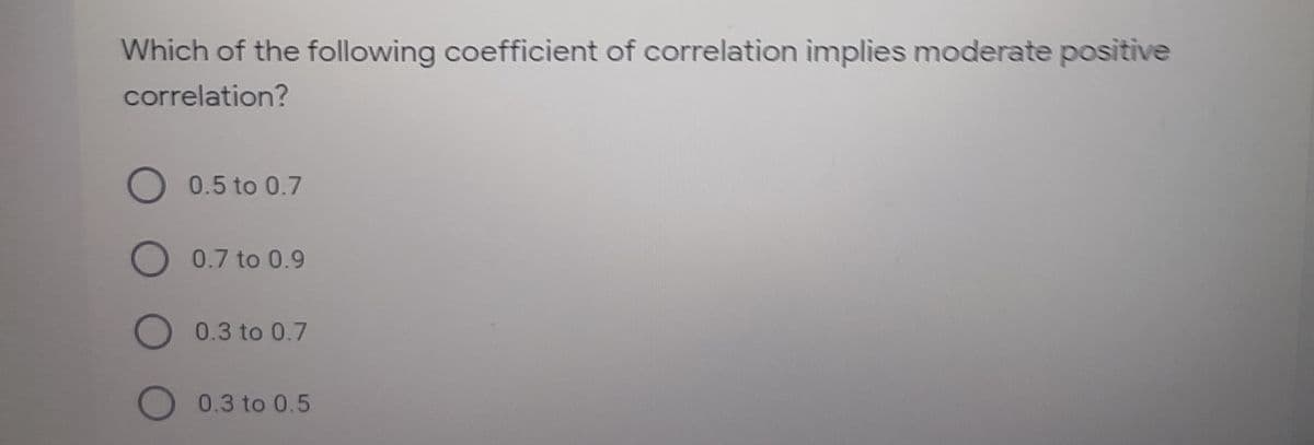 Which of the following coefficient of correlation implies moderate positive
correlation?
O 0.5 to 0.7
O 0.7 to 0.9
O 0.3 to 0.7
O 0.3 to 0.5
