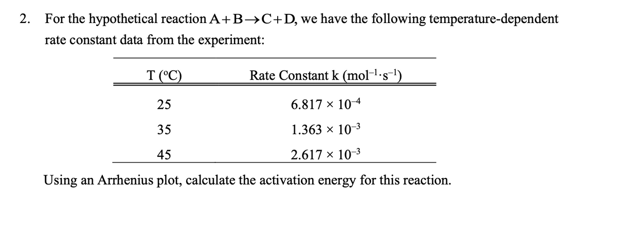 2. For the hypothetical reaction A+B→C+D, we have the following temperature-dependent
rate constant data from the experiment:
T (°C)
Rate Constant k (mol-1·s-')
25
6.817 × 104
35
1.363 × 10-3
45
2.617 × 10-3
Using an Arrhenius plot, calculate the activation energy for this reaction.
