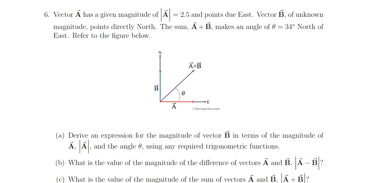 6. Vector A has a given magnitude of A
= 2.5 and points due East. Vector B, of unknown
magnitude, points directly North. The sum, Ã +B, makes an angle of 0 = 34° North of
East. Refer to the figure below.
N
A+B
B
E
©theexpertta.com
(a) Derive an expression for the magnitude of vector B in terms of the magnitude of
A, A, and the angle 0, using any required trigonometric functions.
(b) What is the value of the magnitude of the difference of vectors A and B, |A
B?
(c) What is the value of the magnitude of the sum of vectors A and B, |A + B ?
