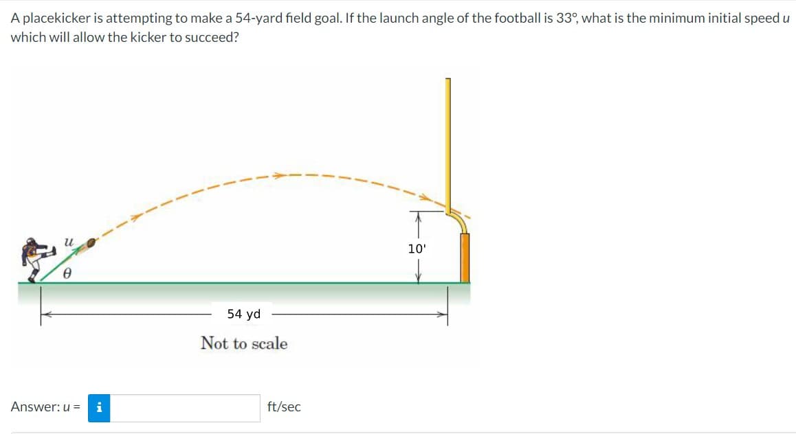 A placekicker is attempting to make a 54-yard field goal. If the launch angle of the football is 33°, what is the minimum initial speed u
which will allow the kicker to succeed?
u
0
Answer: u =
i
54 yd
Not to scale
ft/sec
10'
