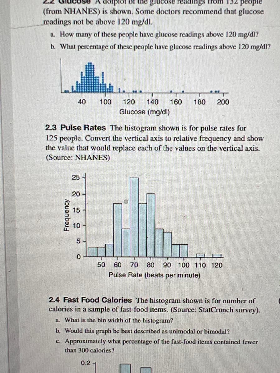dorplot of the glucose readings fr
132 people
(from NHANES) is shown. Some doctors recommend that glucose
readings not be above 120 mg/dl.
a. How many of these people have glucose readings above 120 mg/dl?
b. What percentage of these people have glucose readings above 120 mg/dl?
40 100 120 140 160 180 200
Glucose (mg/dl)
2.3 Pulse Rates The histogram shown is for pulse rates for
125 people. Convert the vertical axis to relative frequency and show
the value that would replace each of the values on the vertical axis.
(Source: NHANES)
Frequency
25
20-
15-
10-
5
0
50
Expan
60 70 80 90 100 110 120
Pulse Rate (beats per minute)
2.4 Fast Food Calories The histogram shown is for number of
calories in a sample of fast-food items. (Source: StatCrunch survey).
a. What is the bin width of the histogram?
b. Would this graph be best described as unimodal or bimodal?
c. Approximately what percentage of the fast-food items contained fewer
than 300 calories?
0.21