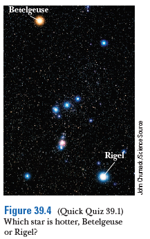 Betelgeuse
Rigel
Figure 39.4 (Quick Quiz 39.1)
Which star is hotter, Betelgeuse
or Rigel?
John Chumadk /Science Source
