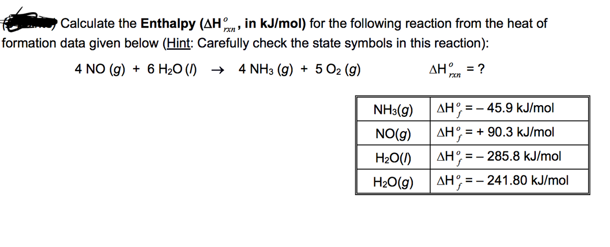 Calculate the Enthalpy (AH, in kJ/mol) for the following reaction from the heat of
rxn
formation data given below (Hint: Carefully check the state symbols in this reaction):
4 NO (g) + 6 H20 (I) →
4 NH3 (g) + 5 O2 (g)
= ?
NH3(g)
AH, = - 45.9 kJ/mol
NO(g)
= + 90.3 kJ/mol
H20(1)
AH
285.8 kJ/mol
= -
H20(g)
AH = - 241.80 kJ/mol
f
