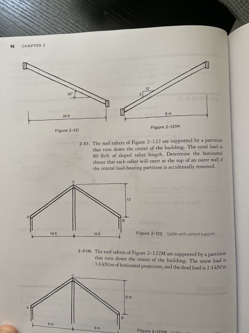 94 CHAPTER 2
ingil
A
16 ft
8m
30°
20 ft
Figure 2-121
16 ft
B
8 m
2-51. The roof rafters of Figure 2-122 are supported by a partition
that runs down the center of the building. The total load is
80 lb/ft of sloped rafter length. Determine the horizontal
thrust that each rafter will exert at the top of an outer wall if
the central load-bearing partition is accidentally removed.
12
B
5
12
6 m
6 m
Figure 2-121M
2-51M. The roof rafters of Figure 2-122M are supported by a partition
that runs down the center of the building. The snow load is
3.6 kN/m of horizontal projection, and the dead load is 2.4 kN/m
COUT OF SURVE
is eff-Sup
Figure 2-122 Gable with central support.
Figure 2-122M Gablowi
2M3J809