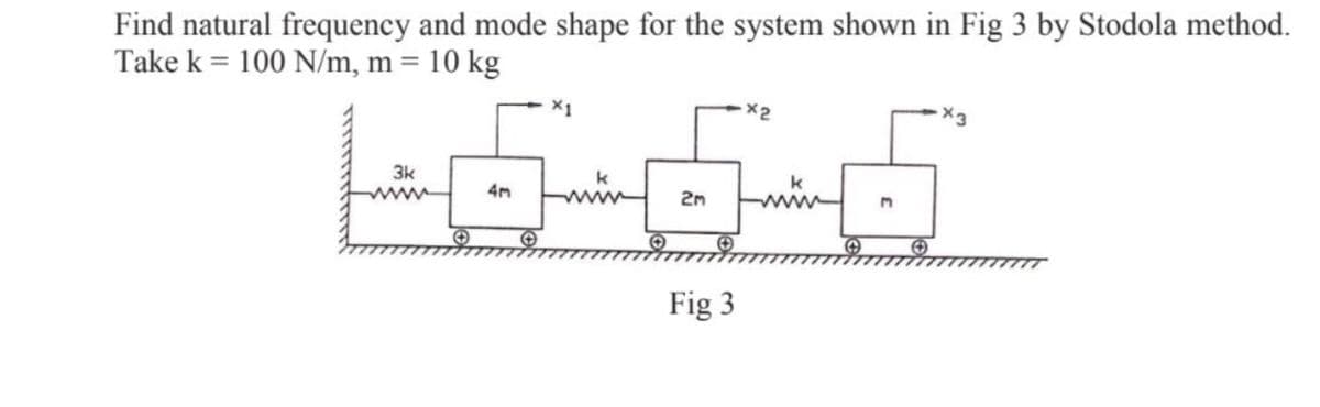 Find natural frequency and mode shape for the system shown in Fig 3 by Stodola method.
Take k = 100 N/m, m = 10 kg
X1
3k
4m
2m
Fig 3
