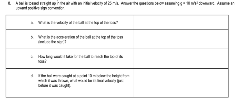 8. A ball is tossed straight up in the air with an initial velocity of 25 m/s. Answer the questions below assuming g = 10 m/s² downward. Assume an
upward positive sign convention.
a. What is the velocity of the ball at the top of the toss?
b. What is the acceleration of the ball at the top of the toss
(include the sign)?
c. How long would it take for the ball to reach the top of its
toss?
d. If the ball were caught at a point 10 m below the height from
which it was thrown, what would be its final velocity (just
before it was caught).
