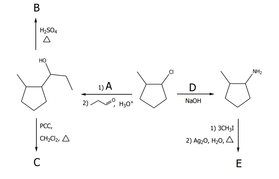 B
H2SO4
НО
CI
NH2
1) A
D
NaOH
2)
H3O+
РСС,
1) ЗСН31
CH2CI2, A
2) Ag20, H,0, Д
C
E
