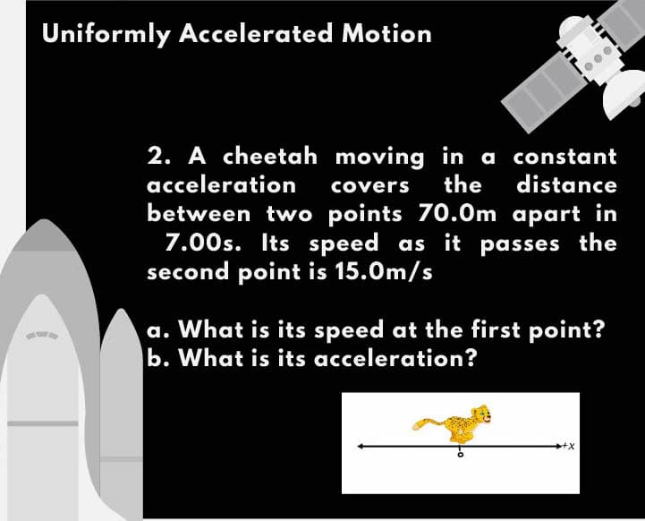 Uniformly Accelerated Motion
2. A cheetah moving in a constant
acceleration
covers
the
distance
between two points 70.0m apart in
7.00s. Its speed as it
second point is 15.0m/s
passes
the
a. What is its speed at the first point?
b. What is its acceleration?

