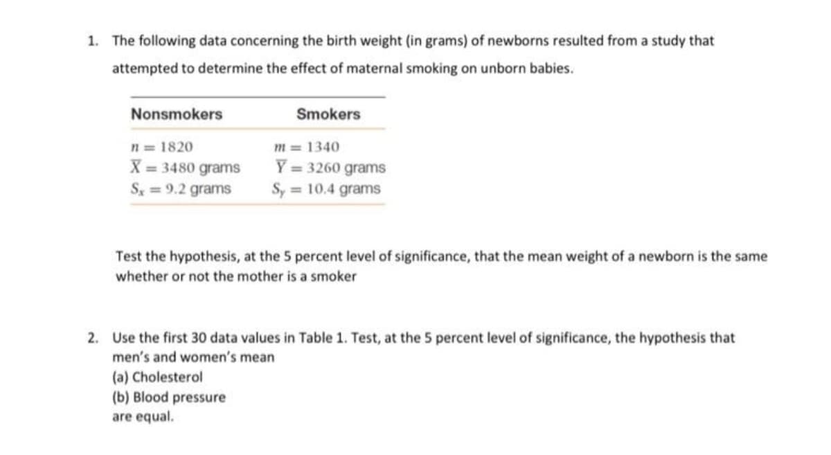 1. The following data concerning the birth weight (in grams) of newborns resulted from a study that
attempted to determine the effect of maternal smoking on unborn babies.
Nonsmokers
Smokers
n = 1820
X = 3480 grams
S = 9.2 grams
m = 1340
Y = 3260 grams
Sy = 10.4 grams
Test the hypothesis, at the 5 percent level of significance, that the mean weight of a newborn is the same
whether or not the mother is a smoker
2. Use the first 30 data values in Table 1. Test, at the 5 percent level of significance, the hypothesis that
men's and women's mean
(a) Cholesterol
(b) Blood pressure
are equal.
