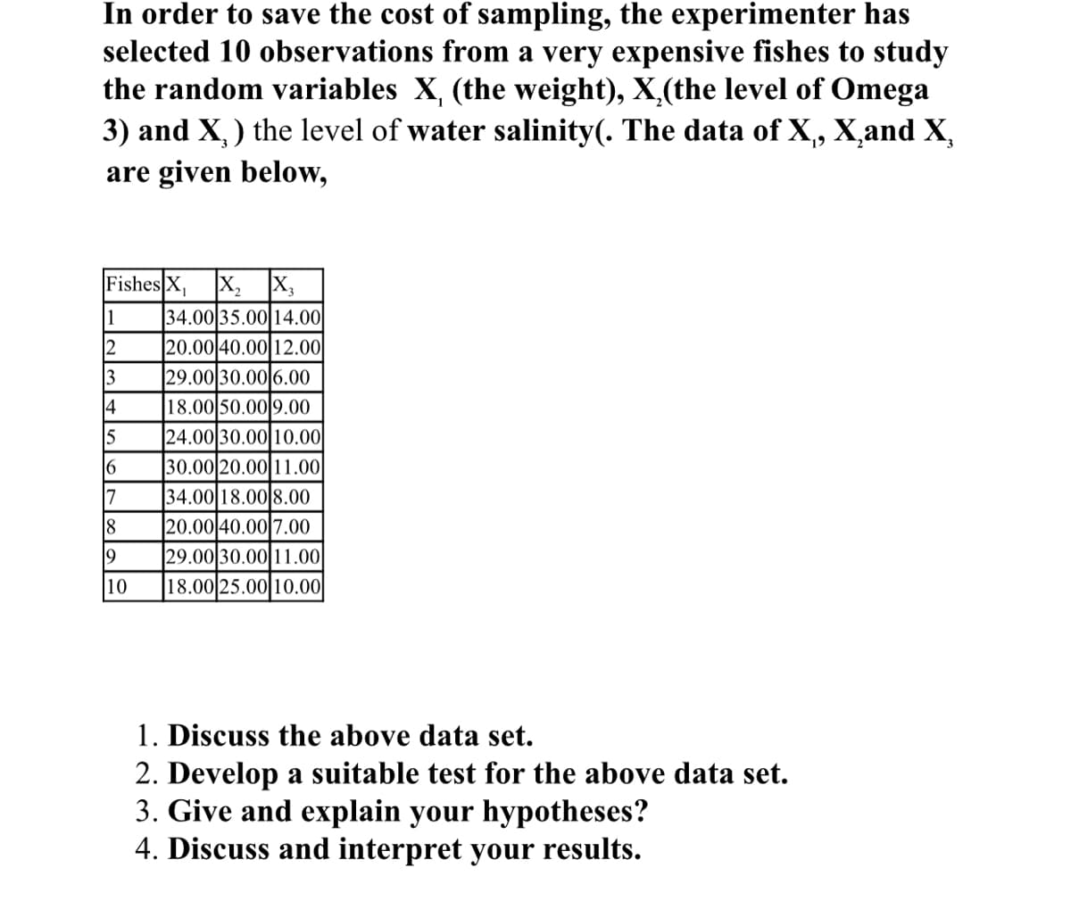 In order to save the cost of sampling, the experimenter has
selected 10 observations from a very expensive fishes to study
the random variables X, (the weight), X,(the level of Omega
3) and X,) the level of water salinity(. The data of X, X,and X,
are given below,
19
FishesX, X, X,
1
34.00 35.00 14.00
2
|20.00 40.00 12.00
29.00 30.00 6.00
18.00 50.00 9.00
24.00 30.00 10.00
30.00 20.00 11.00
3
14
|6
7
34.00 18.00 8.00
20.00 40.00 7.00
29.00 30.00 11.00
18.00 25.00 10.00
8
10
1. Discuss the above data set.
2. Develop a suitable test for the above data set.
3. Give and explain your hypotheses?
4. Discuss and interpret your results.
