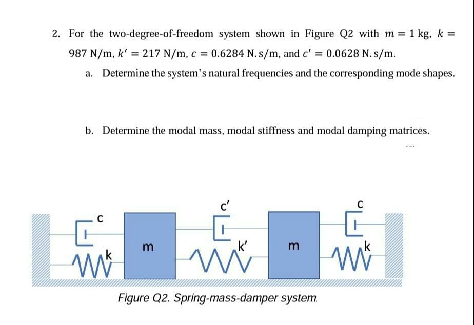 2. For the two-degree-of-freedom system shown in Figure Q2 with m 1 kg, k =
987 N/m, k' = 217 N/m, c = 0.6284 N. s/m, and c' = 0.0628 N. s/m.
a. Determine the system's natural frequencies and the corresponding mode shapes.
b. Determine the modal mass, modal stiffness and modal damping matrices.
c'
C
m
k'
Figure Q2. Spring-mass-damper system.
