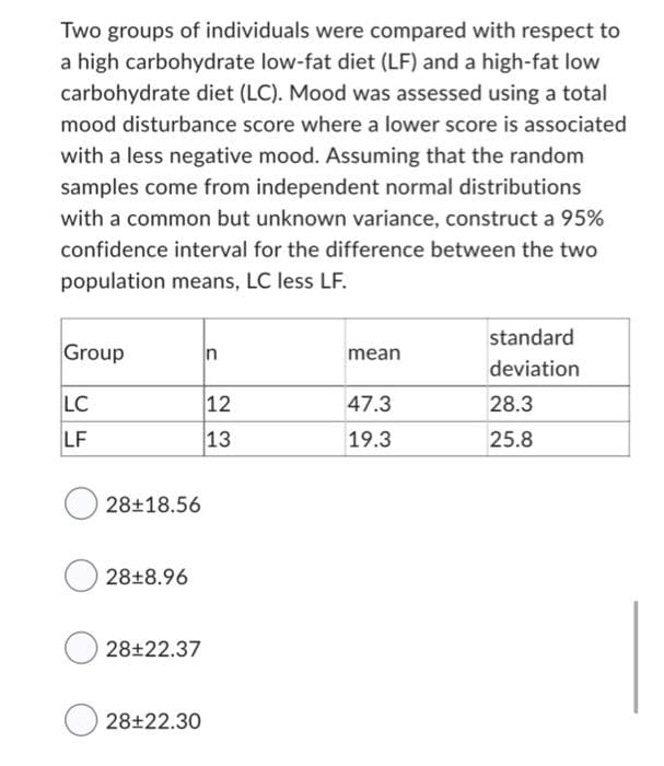 Two groups of individuals were compared with respect to
a high carbohydrate low-fat diet (LF) and a high-fat low
carbohydrate diet (LC). Mood was assessed using a total
mood disturbance score where a lower score is associated
with a less negative mood. Assuming that the random
samples come from independent normal distributions
with a common but unknown variance, construct a 95%
confidence interval for the difference between the two
population means, LC less LF.
Group
LC
LF
28+18.56
28±8.96
28±22.37
28+22.30
n
12
13
mean
47.3
19.3
standard
deviation
28.3
25.8