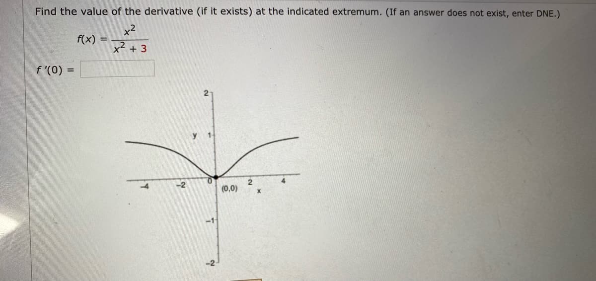 Find the value of the derivative (if it exists) at the indicated extremum. (If an answer does not exist, enter DNE.)
x2
f(x)
x2
+ 3
f '(0) =
21
y 1-
-2
(0,0)
-1

