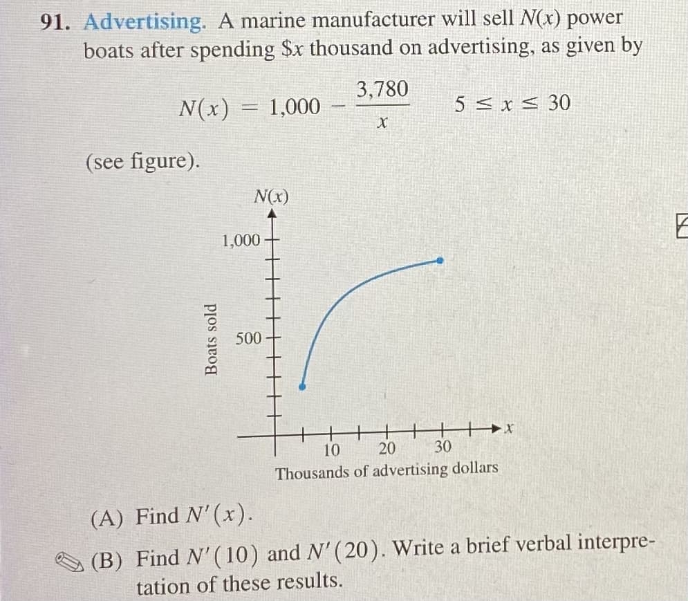 91. Advertising. A marine manufacturer will sell N(x) power
boats after spending $x thousand on advertising, as given by
3,780
N(x) = 1,000
5 < x < 30
(see figure).
N(x)
1,000
500
10
20
30
Thousands of advertising dollars
(A) Find N'(x).
(B) Find N' (10) and N' (20). Write a brief verbal interpre-
tation of these results.
Boats sold
