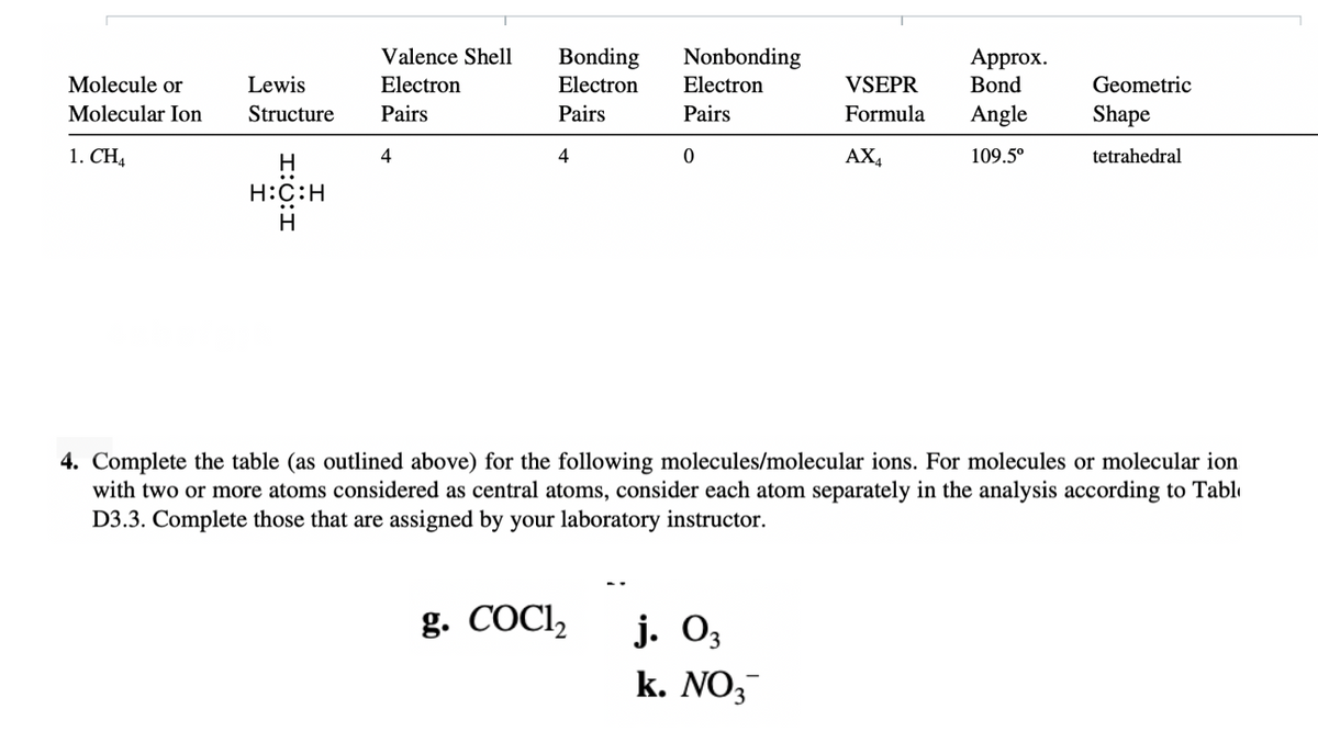 Valence Shell
Bonding
Nonbonding
Approx.
Molecule or
Lewis
Electron
Electron
Electron
VSEPR
Bond
Geometric
Molecular Ion
Structure
Pairs
Pairs
Pairs
Formula
Angle
Shape
1. CH4
H
4
4
AX,
109.5°
tetrahedral
H:C:H
H.
4. Complete the table (as outlined above) for the following molecules/molecular ions. For molecules or molecular ion
with two or more atoms considered as central atoms, consider each atom separately in the analysis according to Tabl
D3.3. Complete those that are assigned by your laboratory instructor.
g. COC2,
j. O,
k. NO;
