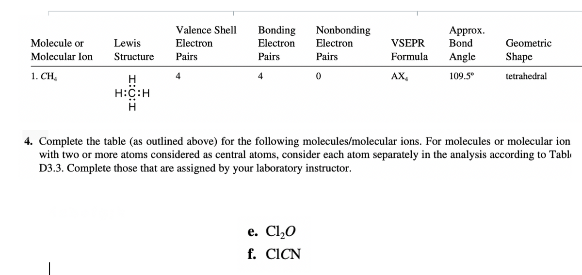 Valence Shell
Bonding
Nonbonding
Approx.
Bond
Molecule or
Lewis
Electron
Electron
Electron
VSEPR
Geometric
Molecular Ion
Structure
Pairs
Pairs
Pairs
Formula
Angle
Shape
1. CH4
H
4
4
AX,
109.5°
tetrahedral
H:C:H
H
4. Complete the table (as outlined above) for the following molecules/molecular ions. For molecules or molecular ion
with two or more atoms considered as central atoms, consider each atom separately in the analysis according to Tabl
D3.3. Complete those that are assigned by your laboratory instructor.
е. Cl,0
f. CICN
