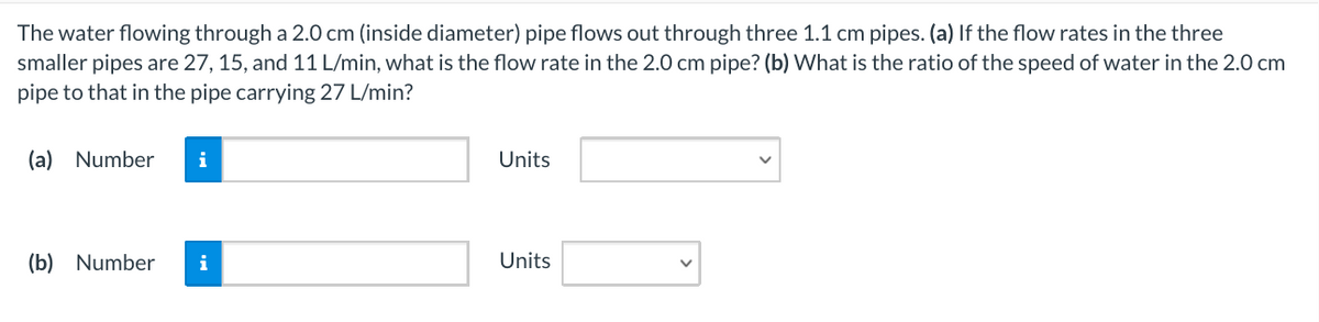 The water flowing through a 2.0 cm (inside diameter) pipe flows out through three 1.1 cm pipes. (a) If the flow rates in the three
smaller pipes are 27, 15, and 11 L/min, what is the flow rate in the 2.0 cm pipe? (b) VWhat is the ratio of the speed of water in the 2.0 cm
pipe to that in the pipe carrying 27 L/min?
(a)
Number
i
Units
(b)
Number
i
Units
