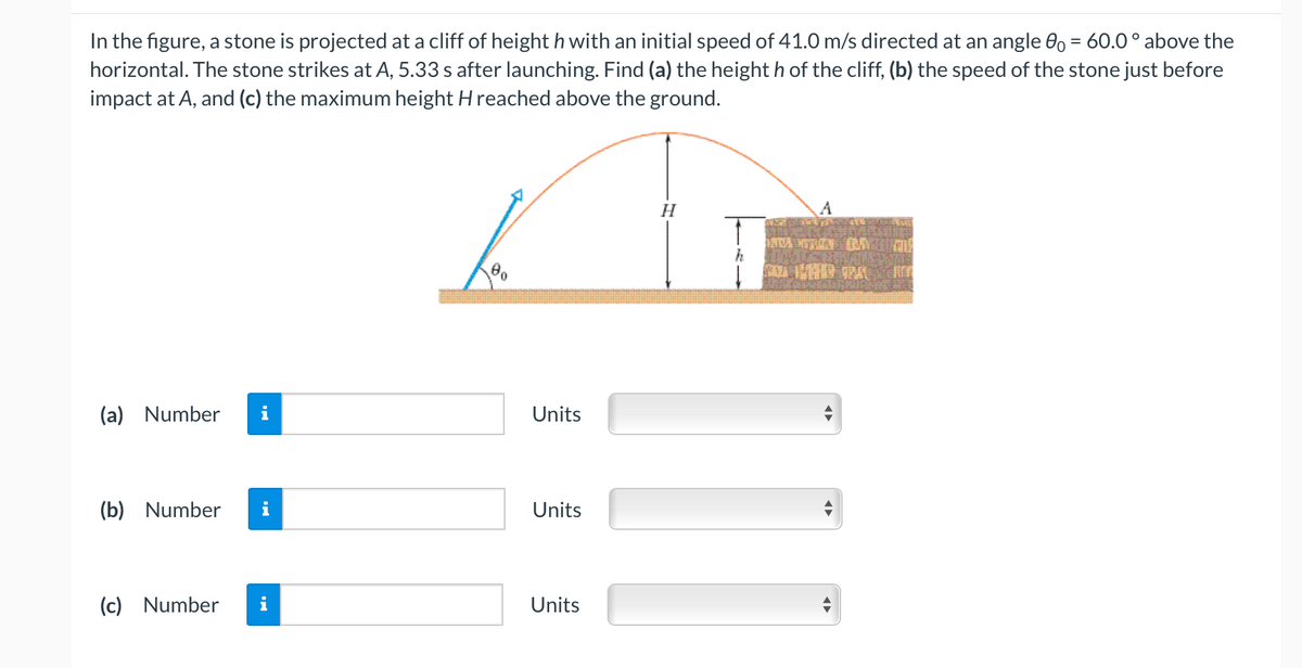In the figure, a stone is projected at a cliff of height h with an initial speed of 41.0 m/s directed at an angle 00 = 60.0° above the
horizontal. The stone strikes at A, 5.33 s after launching. Find (a) the height h of the cliff, (b) the speed of the stone just before
impact at A, and (c) the maximum height H reached above the ground.
H
h
(a) Number
i
Units
(b) Number
i
Units
(c) Number
i
Units
