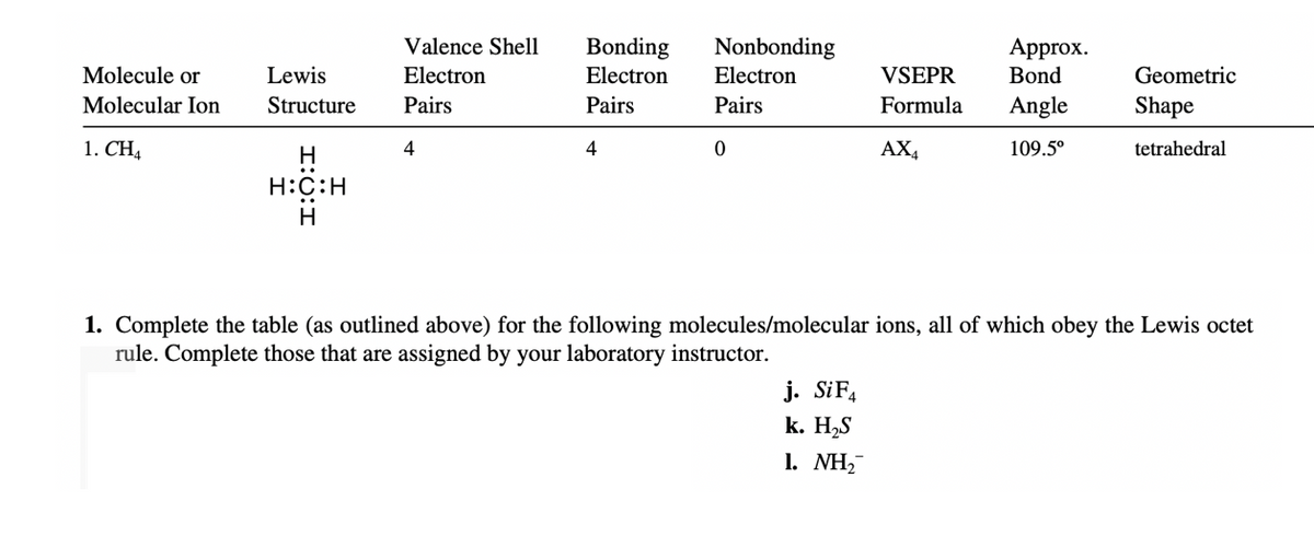 Valence Shell
Bonding
Nonbonding
Approx.
Molecule or
Lewis
Electron
Electron
Electron
VSEPR
Bond
Geometric
Molecular Ion
Structure
Pairs
Pairs
Pairs
Formula
Angle
Shape
1. CH4
H
4
4
AX,
109.5°
tetrahedral
H:C:H
H
1. Complete the table (as outlined above) for the following molecules/molecular ions, all of which obey the Lewis octet
rule. Complete those that are assigned by your laboratory instructor.
j. SiF,
k. H,S
1. NH2
