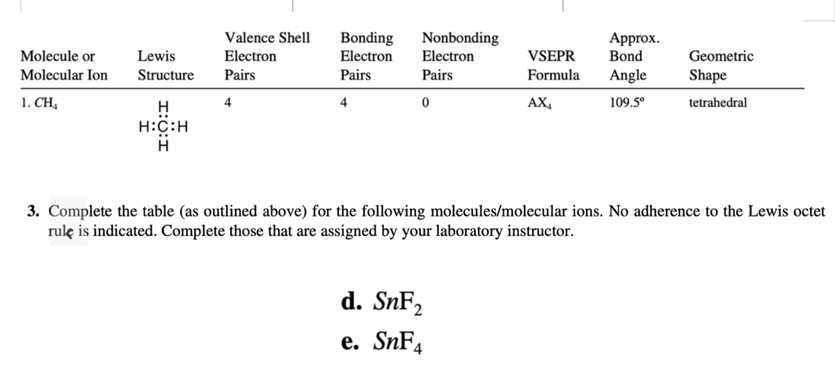 Valence Shell
Nonbonding
Bonding
Electron
Approx.
Molecule or
Lewis
Electron
Electron
VSEPR
Bond
Geometric
Molecular Ion
Structure
Pairs
Pairs
Pairs
Formula
Angle
Shape
1. CH,
4
4
AX4
109.5°
tetrahedral
H
H:C:H
H
3. Complete the table (as outlined above) for the following molecules/molecular ions. No adherence to the Lewis octet
rulę is indicated. Complete those that are assigned by your laboratory instructor.
d. SnF,
e. SnF4
