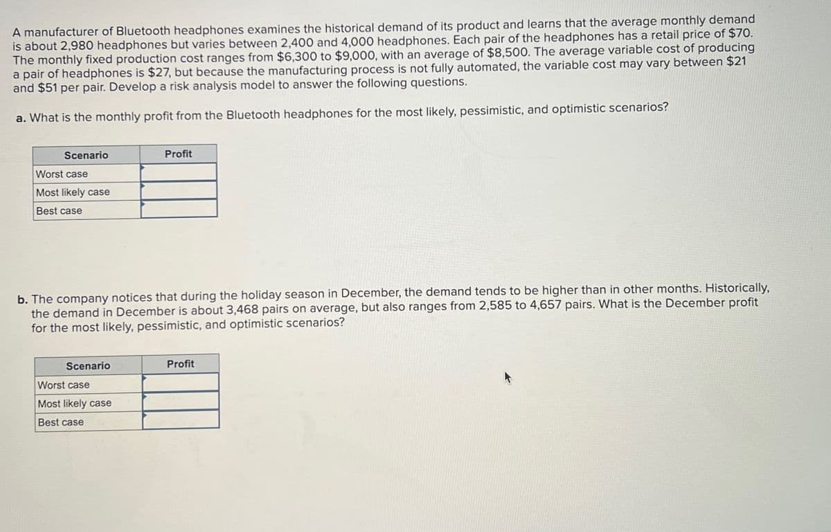 A manufacturer of Bluetooth headphones examines the historical demand of its product and learns that the average monthly demand
is about 2,980 headphones but varies between 2,400 and 4,000 headphones. Each pair of the headphones has a retail price of $70.
The monthly fixed production cost ranges from $6,300 to $9,000, with an average of $8,500. The average variable cost of producing
a pair of headphones is $27, but because the manufacturing process is not fully automated, the variable cost may vary between $21
and $51 per pair. Develop a risk analysis model to answer the following questions.
a. What is the monthly profit from the Bluetooth headphones for the most likely, pessimistic, and optimistic scenarios?
Scenario
Worst case
Most likely case
Best case
Profit
b. The company notices that during the holiday season in December, the demand tends to be higher than in other months. Historically,
the demand in December is about 3,468 pairs on average, but also ranges from 2,585 to 4,657 pairs. What is the December profit
for the most likely, pessimistic, and optimistic scenarios?
Scenario
Worst case
Most likely case
Best case
Profit