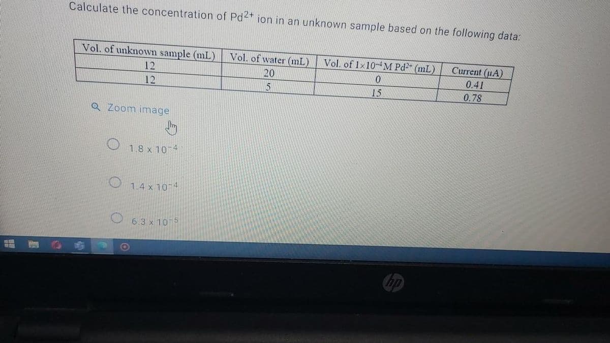 Calculate the concentration of Pd<t ion in an unknown sample based on the following data:
Vol, of unknown sample (mL)
Vol. of water (mL)
Vol. of 1x10-M Pd2 (mL)
Current (uA)
12
20
0.41
12
15
0.78
Q Zoom image
1.8 x 10 4
1.4 x 10-4
6.3 x 10 5
hp
