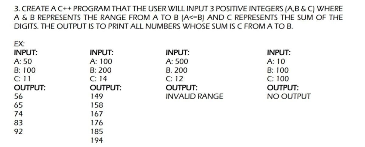 3. CREATE A C++ PROGRAM THAT THE USER WILL INPUT 3 POSITIVE INTEGERS (A,B & C) WHERE
A & B REPRESENTS THE RANGE FROM A TO B (A<=B) AND C REPRESENTS THE SUM OF THE
DIGITS. THE OUTPUT IS TO PRINT ALL NUMBERS WHOSE SUM IS C FROM A TO B.
EX:
INPUT:
INPUT:
INPUT:
INPUT:
A: 50
А: 100
A: 500
А: 10
В: 100
C: 11
OUTPUT:
B: 200
C: 14
OUTPUT:
B. 200
C: 12
OUTPUT:
INVALID RANGE
B: 100
C: 100
OUTPUT:
56
149
NO OUTPUT
65
158
74
167
83
176
92
185
194
