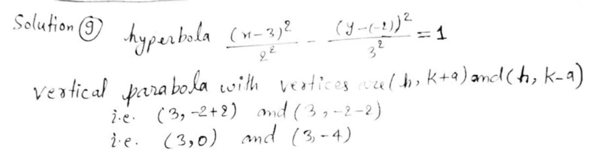 Solution © hyperbola (w-3)"
hyperbola (v-3)?
= 1
32
%3D
veatical para bokla with vetices euldhok+a) and(h, k-a)
i.e. (3,-2+2) amd (3,-2-2)
i-e. (3,0) md (3-4)
