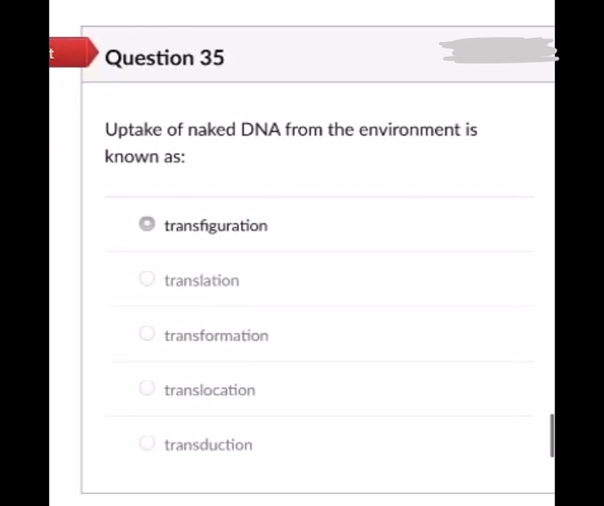 Question 35
Uptake of naked DNA from the environment is
known as:
transfiguration
translation
transformation
translocation
transduction
