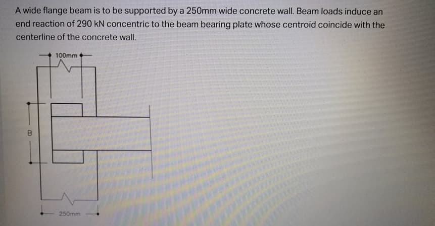A wide flange beam is to be supported by a 250mm wide concrete wall. Beam loads induce an
end reaction of 290 kN concentric to the beam bearing plate whose centroid coincide with the
centerline of the concrete wall.
100mm
B.
250mm
