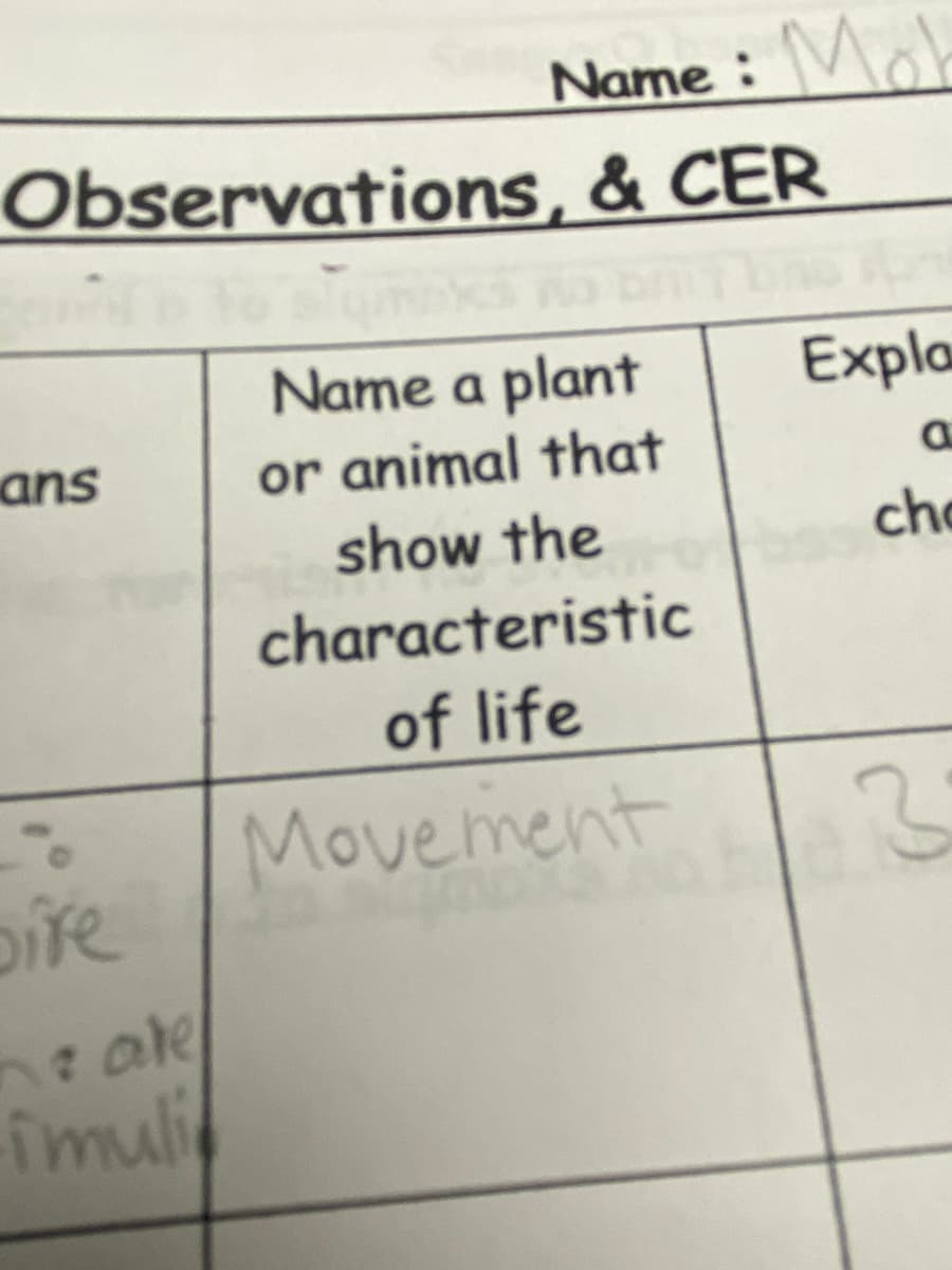 Name :
Mol
Observations, & CER
Name a plant
or animal that
Expla
ans
show the
cho
characteristic
of life
Movement
pife
neake
imuli
