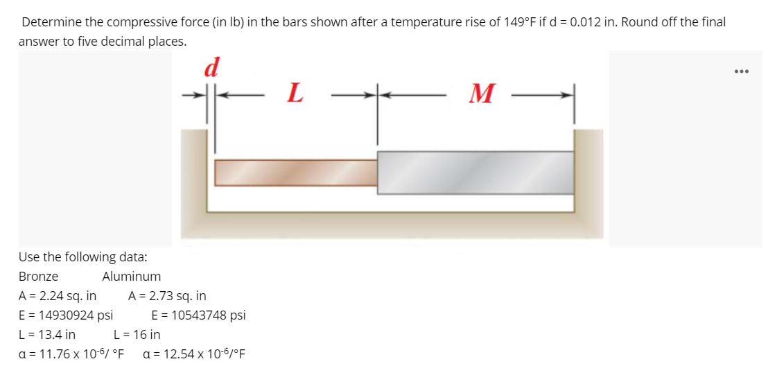 Determine the compressive force (in Ib) in the bars shown after a temperature rise of 149°F if d = 0.012 in. Round off the final
answer to five decimal places.
d
...
L
M
Use the following data:
Bronze
Aluminum
A = 2.24 sq. in
A = 2.73 sq. in
E = 14930924 psi
L = 13.4 in
E = 10543748 psi
L= 16 in
a = 11.76 x 10-6/ °F
a = 12.54 x 10-6/°F
