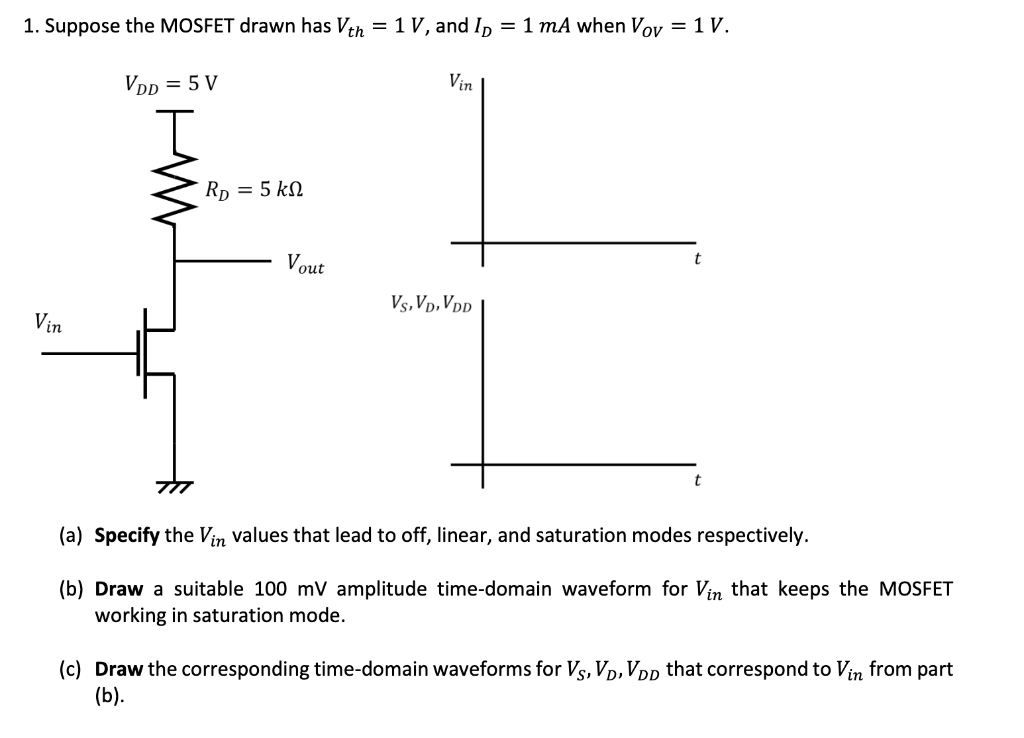 1. Suppose the MOSFET drawn has Vrh = 1 V, and In = 1 mA when Voy = 1 V.
Vin
VDp = 5 V
Rp = 5 kN
Vout
Vs,Vp, VDD
Vin
(a) Specify the Vin values that lead to off, linear, and saturation modes respectively.
(b) Draw a suitable 100 mV amplitude time-domain waveform for Vin that keeps the MOSFET
working in saturation mode.
(c) Draw the corresponding time-domain waveforms for Vs, Vp, VDD that correspond to Vin from part
(b).
