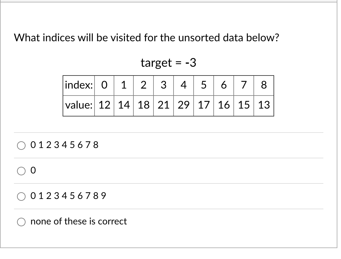 What indices will be visited for the unsorted data below?
target = -3
index: 0 1 2 3 45 6 7 8
value: 12 14 18 21 29 | 17 16 15 13
01234 5 6 78
01234 567 89
none of these is correct

