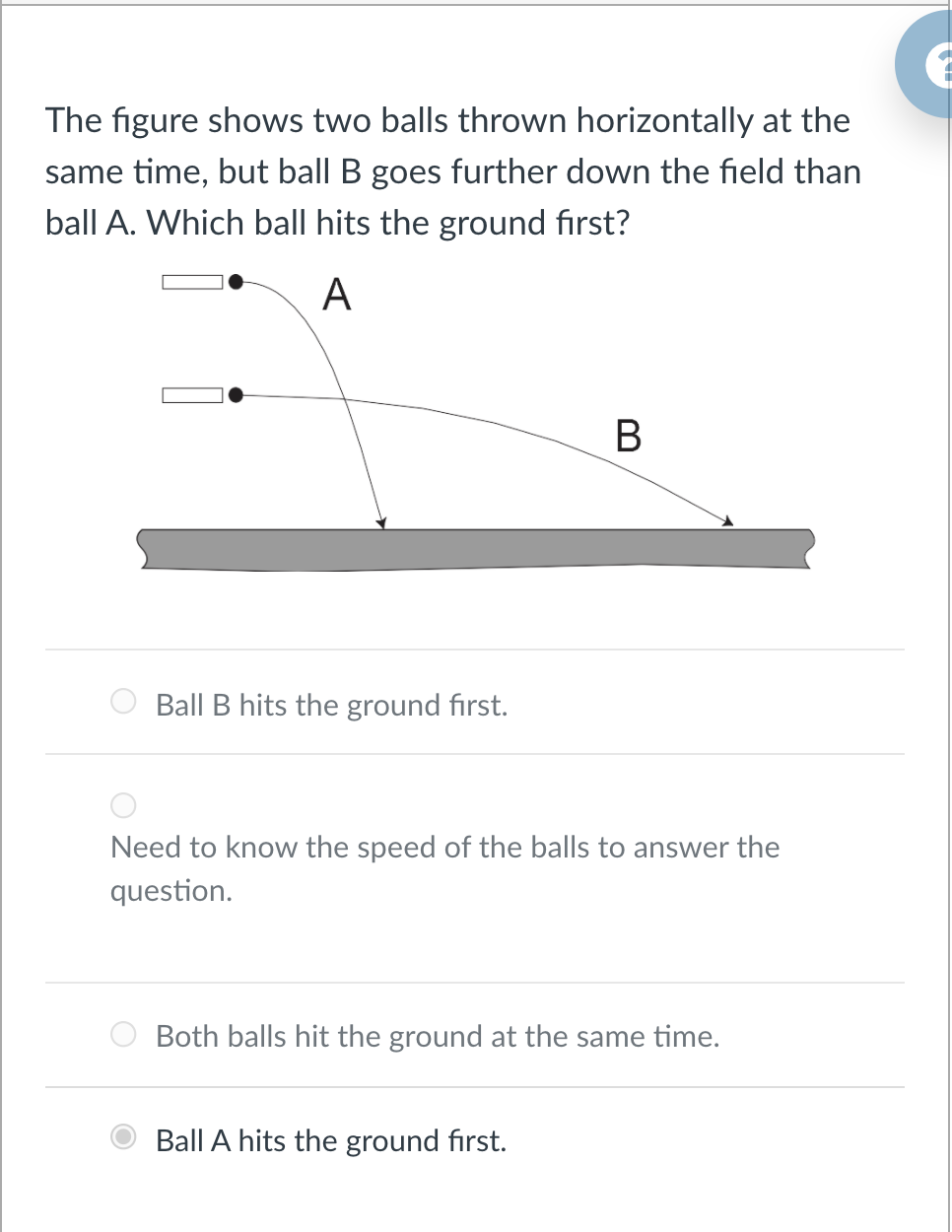 The figure shows two balls thrown horizontally at the
same time, but ball B goes further down the field than
ball A. Which ball hits the ground first?
A
O Ball B hits the ground first.
Need to know the speed of the balls to answer the
question.
Both balls hit the ground at the same time.
Ball A hits the ground first.
