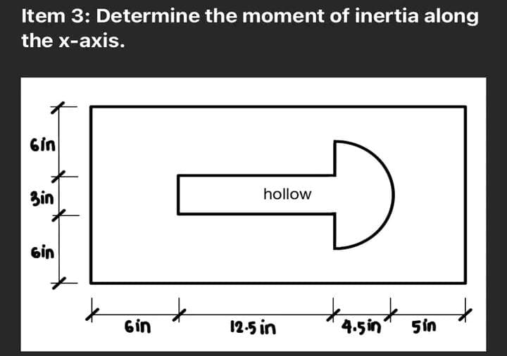 Item 3: Determine the moment of inertia along
the x-axis.
6in
3in
6in
6 in
↓
hollow
Đ
12.5 in
4.5 in
5 in