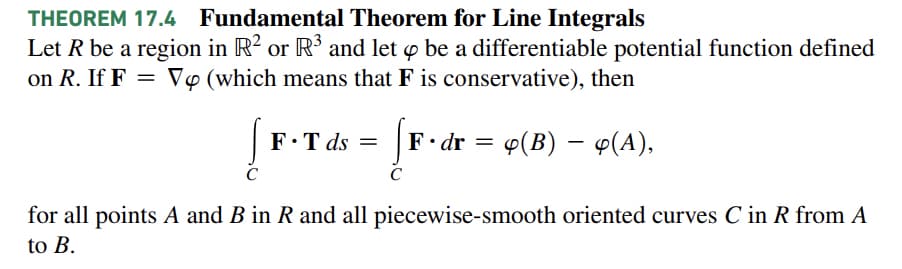 THEOREM 17.4 Fundamental Theorem for Line Integrals
Let R be a region in R? or R' and let o be a differentiable potential function defined
on R. If F = V¢ (which means that F is conservative), then
F•T ds =
F.dr = q(B) – q(A),
C
C
for all points A and B in R and all piecewise-smooth oriented curves C in R from A
to B.

