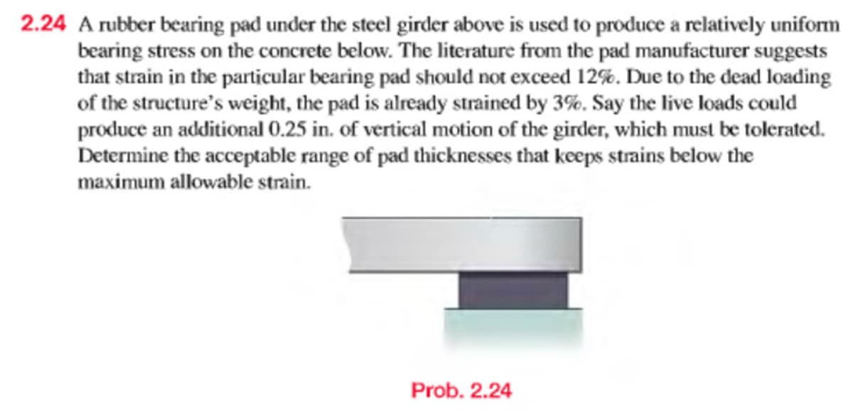 2.24 A rubber bearing pad under the steel girder above is used to produce a relatively uniform
bearing stress on the concrete below. The literature from the pad manufacturer suggests
that strain in the particular bearing pad should not exceed 12%. Due to the dead loading
of the structure's weight, the pad is already strained by 3%. Say the live loads could
produce an additional 0.25 in. of vertical motion of the girder, which must be tolerated.
Determine the acceptable range of pad thicknesses that keeps strains below the
maximum allowable strain.
Prob. 2.24