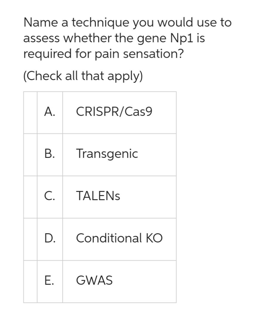 Name a technique you would use to
assess whether the gene Np1 is
required for pain sensation?
(Check all that apply)
A.
B.
C.
CRISPR/Cas9
Transgenic
TALENS
D. Conditional KO
E. GWAS