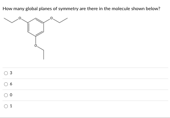 How many global planes of symmetry are there in the molecule shown below?
U
3
6
1