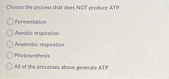 Choose the process that does NOT produce ATP
O Fermentation
Aerobic respiration
Anaerobic respiration
Photosynthesis
All of the processes above generate ATP