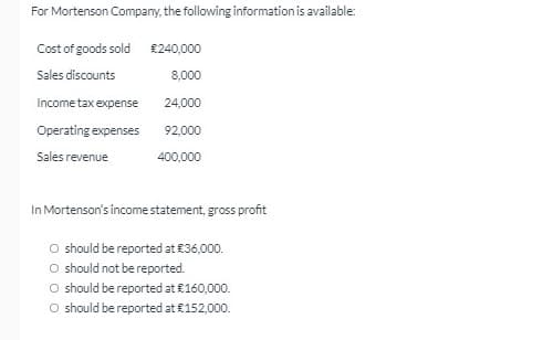 For Mortenson Company, the following information is available:
Cost of goods sold £240,000
Sales discounts
8,000
Income tax expense
24,000
Operating expenses
92,000
Sales revenue
400,000
In Mortenson's income statement, gross profit
O should be reported at £36,000.
O should not be reported.
O should be reported at £160,000.
O should be reported at £152,000.
