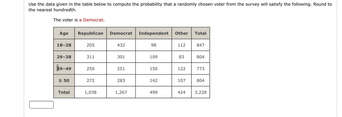 Use the data given in the table below to compute the probability that a randomly chosen voter from the survey will satisfy the following. Round to
the nearest hundredth.
The voter is a Democrat.
Age
Republican
Democrat
Independent
Other
Total
18-28
205
432
98
112
847
29-38
311
301
109
83
804
39-49
250
251
150
122
773
2 50
272
283
142
107
804
Total
1,038
1,267
499
424
3,228
